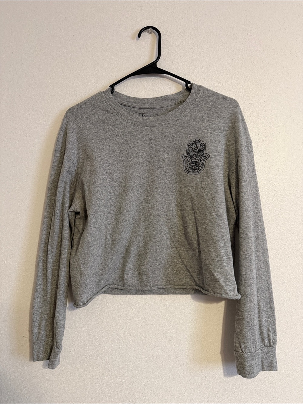 Gray Cropped Long Sleeve Top with Hamsa Hand Detail
